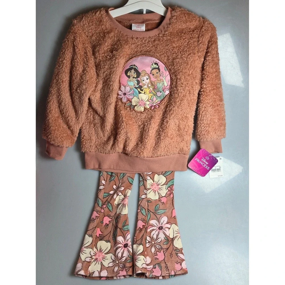 Disney Princess Girls Sherpa Sweatshirt and Floral Corduroy Flare Pants Set 3T